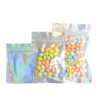 Custom Glossy Laser Aluminum Foil Holographic Food Grade Zip Lock Bag with One Transparent Side